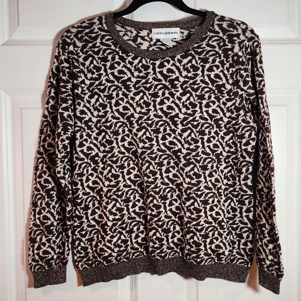 Cathy Daniels Abstract Brown and Cream Sweater Gold Sparkle Large